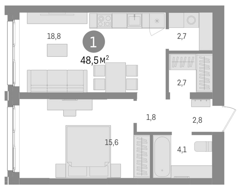 Планировка 2е-к. квартира 48.50 м² в ЖК «Европейский берег»