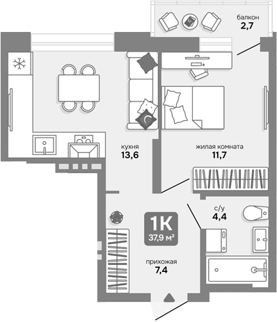 Планировка 1-к.кв 37.09 м² в ЖК «Счастливый квартал»
