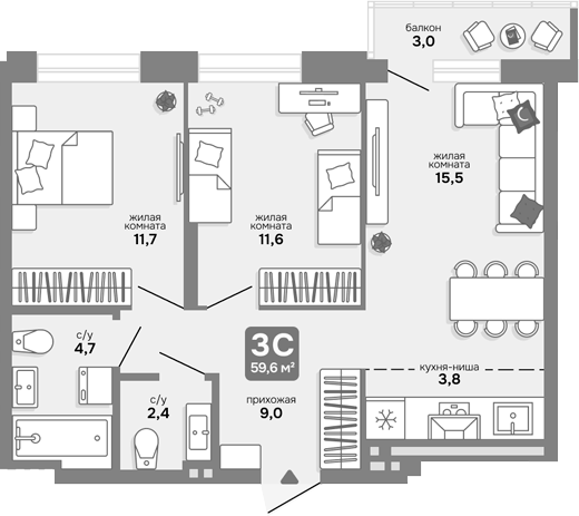 Планировка 3е-к.кв 58.70 м² в ЖК «Счастливый квартал»