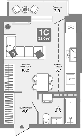 Планировка студии 31.01 м² в ЖК «Счастливый квартал»