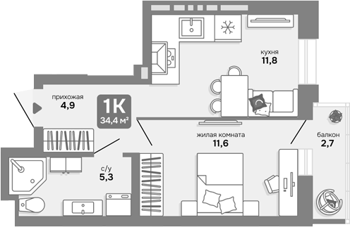 Планировка 1-к.кв 33.59 м² в ЖК «Счастливый квартал»