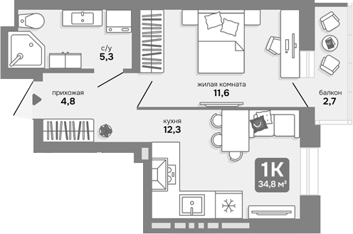 Планировка 1-к.кв 33.99 м² в ЖК «Счастливый квартал»