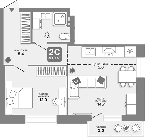 Планировка 2е-к.кв 47.10 м² в ЖК «Счастливый квартал»