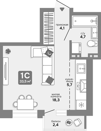 Планировка студии 32.78 м² в ЖК «Счастливый квартал»