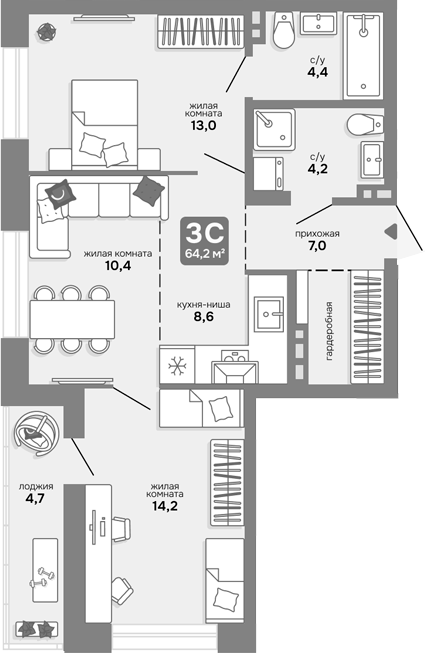 Планировка 3е-к.кв 61.85 м² в ЖК «Счастливый квартал»