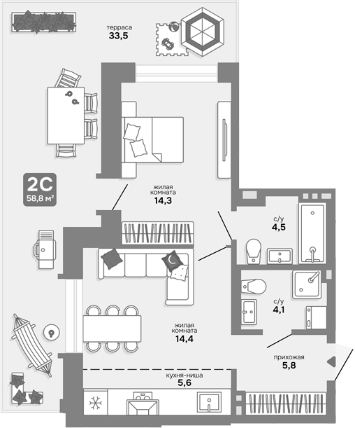 Планировка 2е-к.кв 48.75 м² в ЖК «Счастливый квартал»