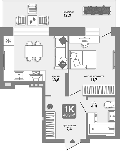 Планировка 1-к.кв 37.03 м² в ЖК «Счастливый квартал»