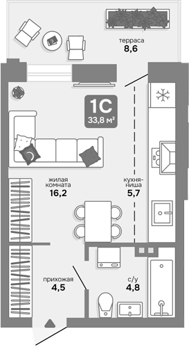 Планировка студии 31.22 м² в ЖК «Счастливый квартал»