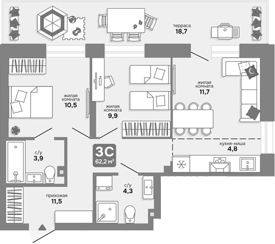 Планировка 3е-к.кв 56.59 м² в ЖК «Счастливый квартал»