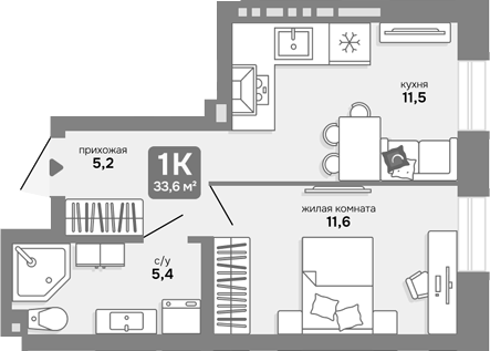 Планировка 1-к.кв 33.60 м² в ЖК «Счастливый квартал»