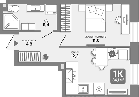 Планировка 1-к.кв 34.10 м² в ЖК «Счастливый квартал»