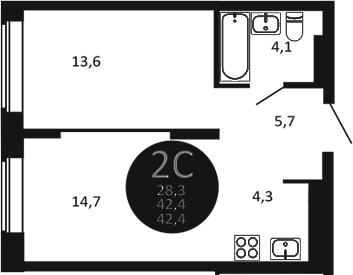 Планировка 2е-к.кв 42.40 м² в ЖК «Первый на Есенина»