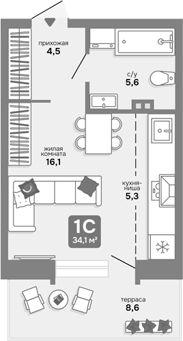 Планировка студии 31.52 м² в ЖК «Счастливый квартал»