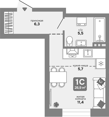 Планировка студии 28.90 м² в ЖК «Счастливый квартал»