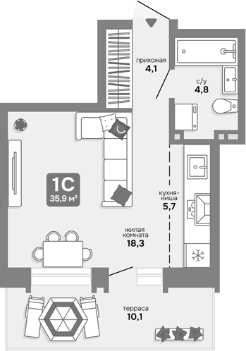 Планировка студии 32.87 м² в ЖК «Счастливый квартал»