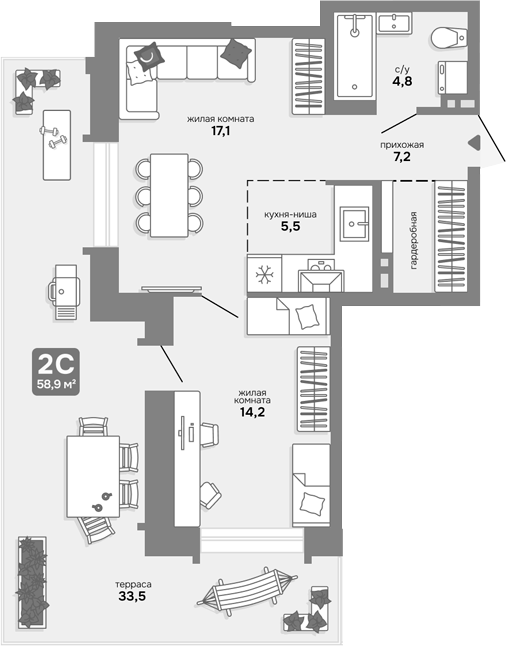 Планировка 2е-к.кв 48.85 м² в ЖК «Счастливый квартал»