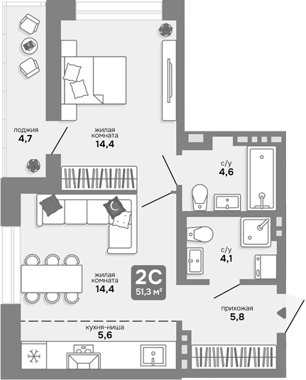 Планировка 2е-к.кв 48.95 м² в ЖК «Счастливый квартал»