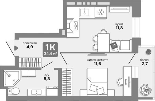 Планировка 1-к.кв 33.59 м² в ЖК «Счастливый квартал»
