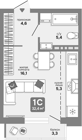 Планировка студии 31.41 м² в ЖК «Счастливый квартал»