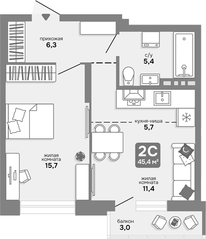 Планировка 2е-к.кв 44.50 м² в ЖК «Счастливый квартал»