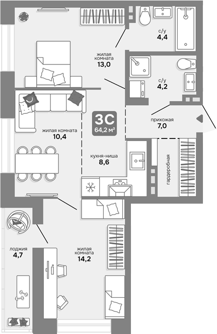 Планировка 3е-к.кв 61.85 м² в ЖК «Счастливый квартал»