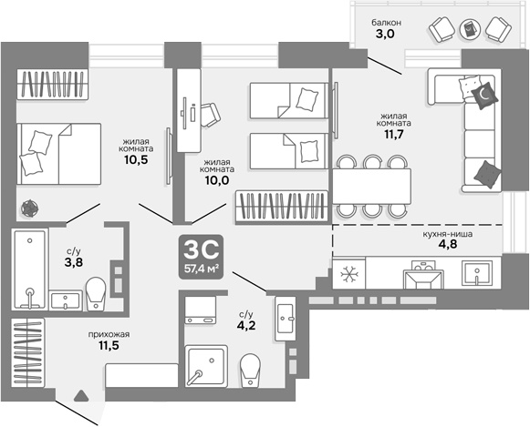 Планировка 3е-к.кв 56.50 м² в ЖК «Счастливый квартал»