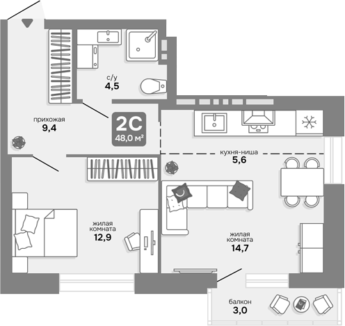 Планировка 2е-к.кв 47.10 м² в ЖК «Счастливый квартал»