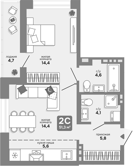 Планировка 2е-к.кв 48.95 м² в ЖК «Счастливый квартал»