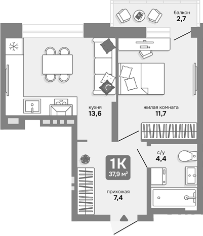 Планировка 1-к.кв 37.09 м² в ЖК «Счастливый квартал»