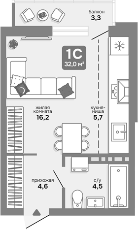 Планировка студии 31.01 м² в ЖК «Счастливый квартал»
