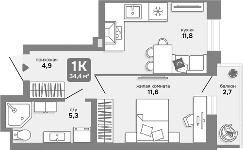 Планировка 1-к.кв 33.59 м² в ЖК «Счастливый квартал»