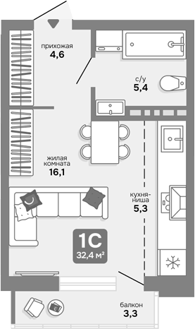 Планировка студии 31.41 м² в ЖК «Счастливый квартал»