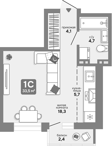 Планировка студии 32.78 м² в ЖК «Счастливый квартал»