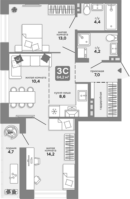 Планировка 3е-к.кв 61.85 м² в ЖК «Счастливый квартал»