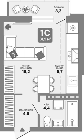 Планировка студии 30.91 м² в ЖК «Счастливый квартал»
