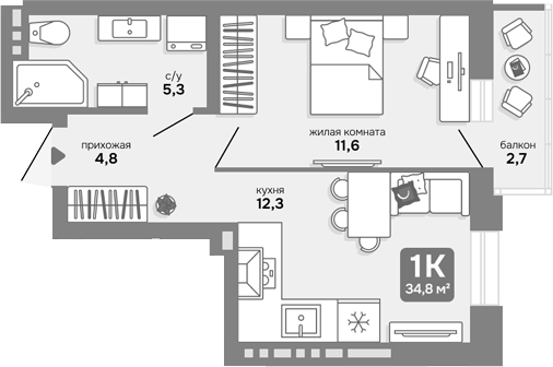 Планировка 1-к.кв 33.99 м² в ЖК «Счастливый квартал»