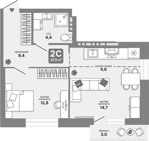 Планировка 2е-к.кв 47.00 м² в ЖК «Счастливый квартал»