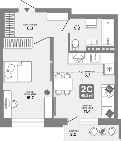 Планировка 2е-к.кв 44.30 м² в ЖК «Счастливый квартал»