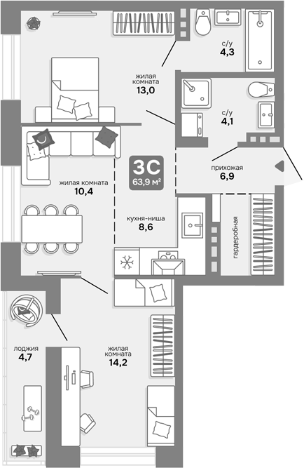 Планировка 3е-к.кв 61.55 м² в ЖК «Счастливый квартал»