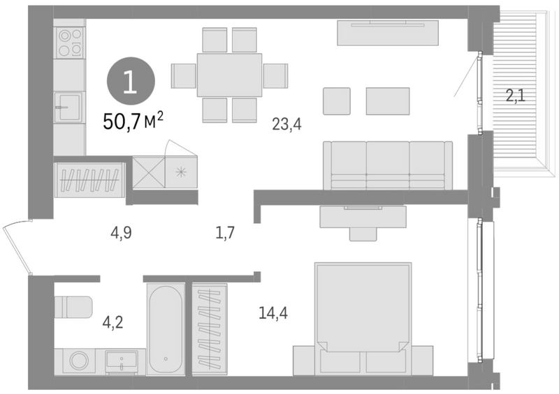 Планировка 2е-к. квартира 48.60 м² в ЖК «Европейский берег»