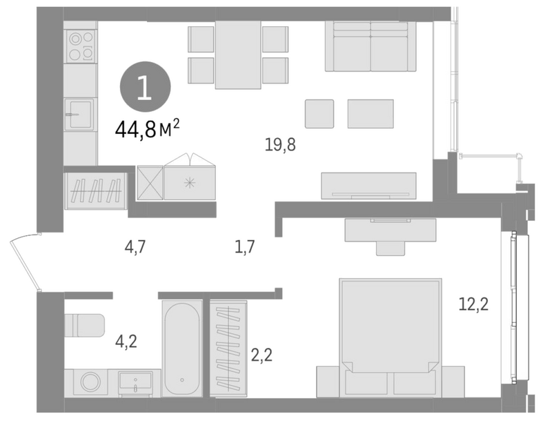 Планировка 2е-к. квартира 44.80 м² в ЖК «Европейский берег»