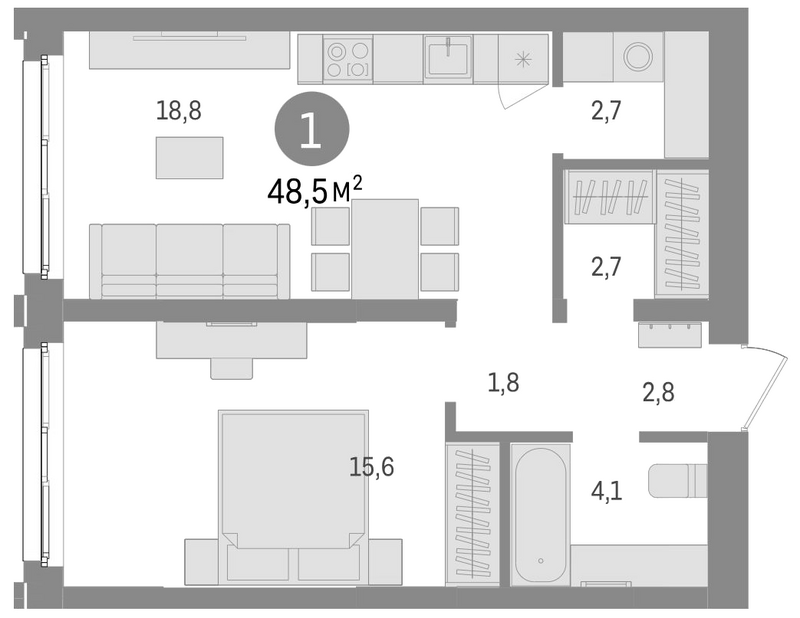 Планировка 2е-к. квартира 48.50 м² в ЖК «Европейский берег»