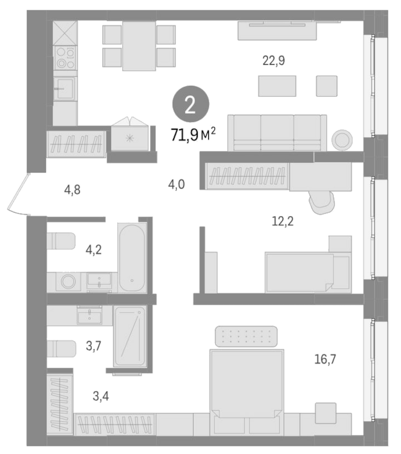 Планировка 3е-к. квартира 71.90 м² в ЖК «Европейский берег»