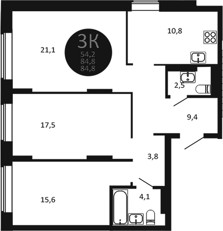 Планировка 3-к. квартира 84.80 м² в ЖК «Первый на Есенина»