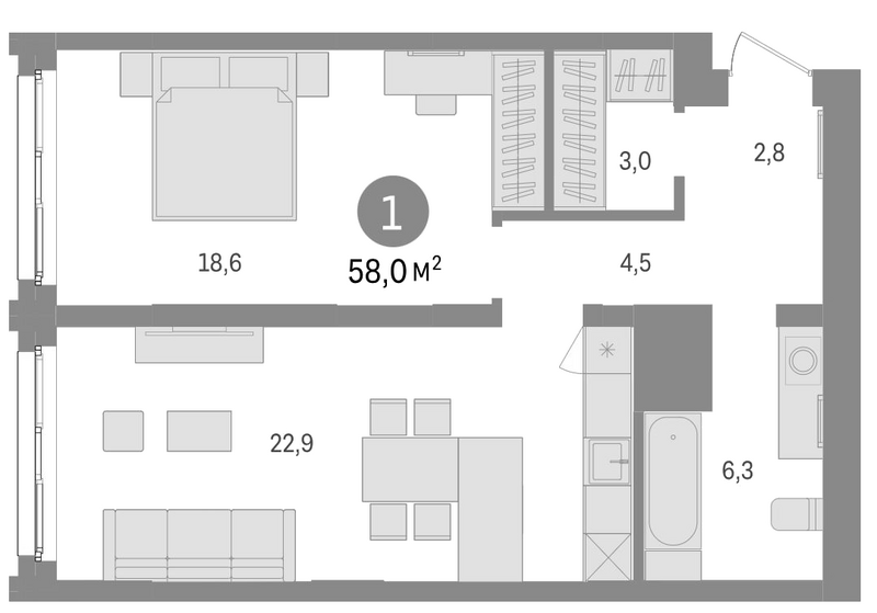 Планировка 2е-к. квартира 58.00 м² в ЖК «Европейский берег»