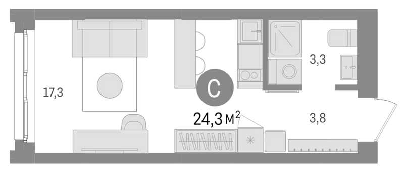 Планировка студии 24.30 м² в ЖК «Европейский берег»