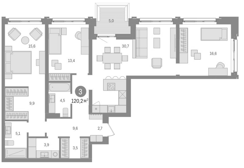 Планировка 4е-к.кв 115.20 м² в ЖК «Европейский берег»