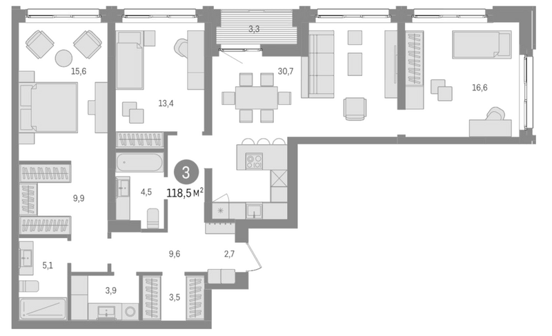 Планировка 4е-к. квартира 115.20 м² в ЖК «Европейский берег»