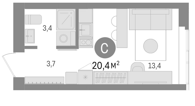 Планировка студии 20.40 м² в ЖК «Европейский берег»