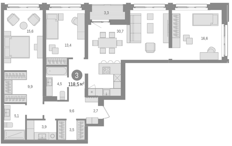 Планировка 4е-к. квартира 115.20 м² в ЖК «Европейский берег»